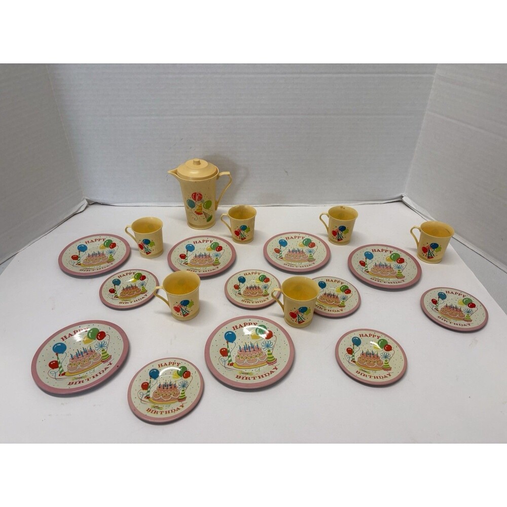 VTG.  1980s Chilton “Happy Birthday” Tin/Plastic 6 Place setting Pitcher Tea Set